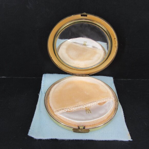 Vintage Women's Powder Compact with Powder Puff Gold Tone Cabin Waterwheel Scene - Picture 3 of 8
